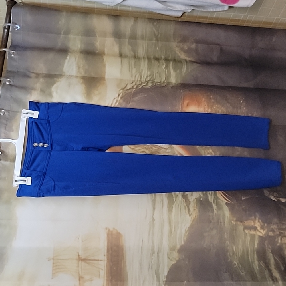 Royal blue skinny pants/leggings with rhinestone buttons